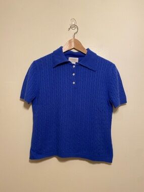 DORCE Royal Blue Cashmere Short-Sleeve Cable Knit Polo Sweater. Size S